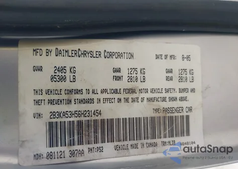 2006 Dodge Charger Rt z USA, uszkodzony, nr VIN 2B3KA53H56H231454